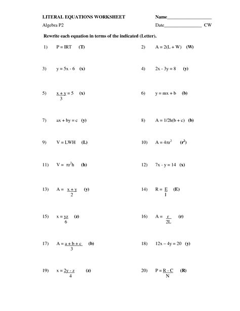 literal equations worksheet algebra 2 answers